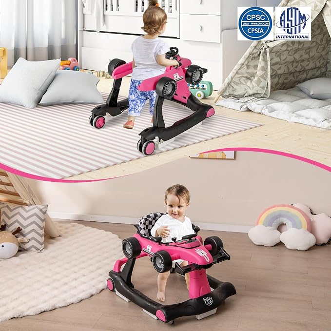 BABY JOY 4-in-1 Baby Walker, Foldable Activity Walker with Adjustable Height & Speed, Music, Lights, Anti-Rollover, Toddler Push Walker, Baby Walker with Wheels for Boys Girls 6-18 Months (Pink)