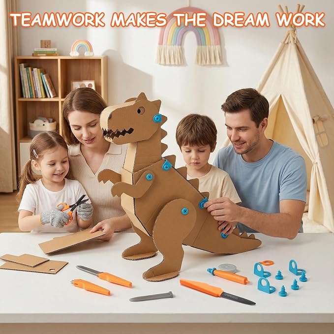 SainSmart Jr. Cardboard Tools for Kids with Safe Cutter, Tool Box & Tape Measure, 120 PCS Cardboard Construction Kit for Family & Classroom Activities | Reusable Cutting Tools for Boys & Girls Age 5+