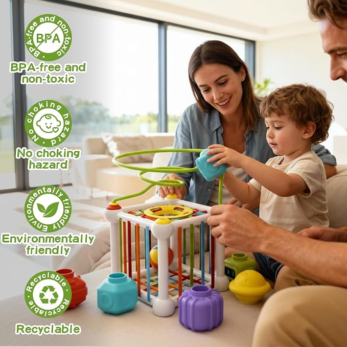 Montessori Toys for Toddlers 18 Months+, 16PCS Baby Activity Cube with Shape Sorter, 3 Suction Cup Spinner Toys, 2 Bead Mazes, Ball Rolling Track, Developmental Learning Gifts for Boys Girls