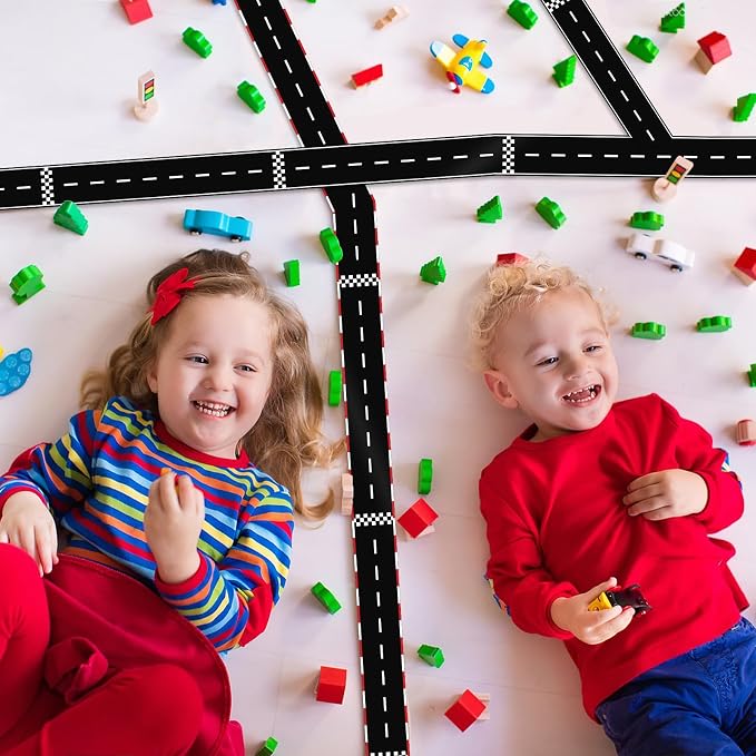 WNINK 2 Rolls Black and Red Roadway Tape Road Tape, Kids Race Car Stickers, Race Car Track Decorations, 2.4 Inch Wide, 2 X 33 FT Long, Easy Tear, No Residue for Kids Birthday Racing Party Decoration