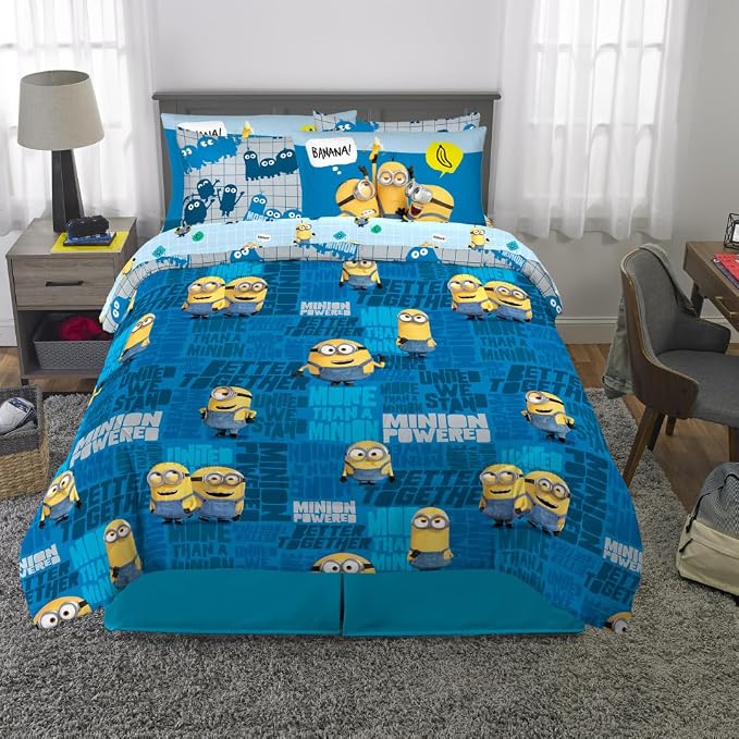 Minions The Rise of Gru Kids Bedding Super Soft & Cozy Reverisble Microfiber Comforter and Sheet Set with Sham, 7 Piece Queen Size, (Officially Licensed Product) By Franco