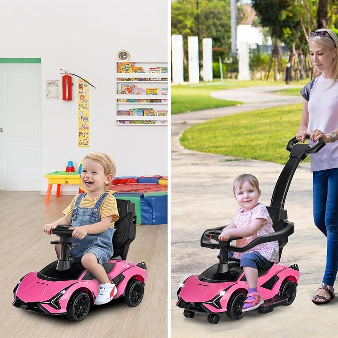 INFANS 3 in 1 Ride on Push Car, Licensed Lamborghini Baby Stroller Sliding Walking Car with Parent Control Handle, Music, Headlight, Under Seat Storage, Kids Foot-to-Floor Toy for 18-60 Months (Pink)
