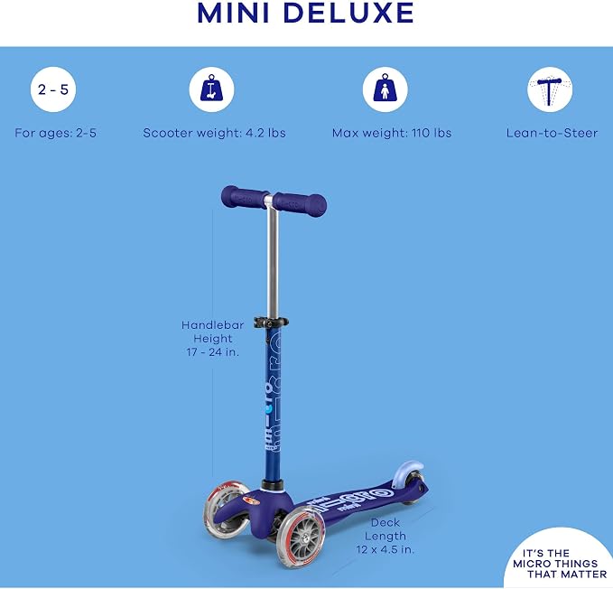 Micro Kickboard | Mini Kids Scooter for Ages 2-5 | Children up to 110 lbs | 3 Wheel Lean-to-Steer Design | Adjustable T Bar | Smooth Ride PU Wheels | Swiss Design
