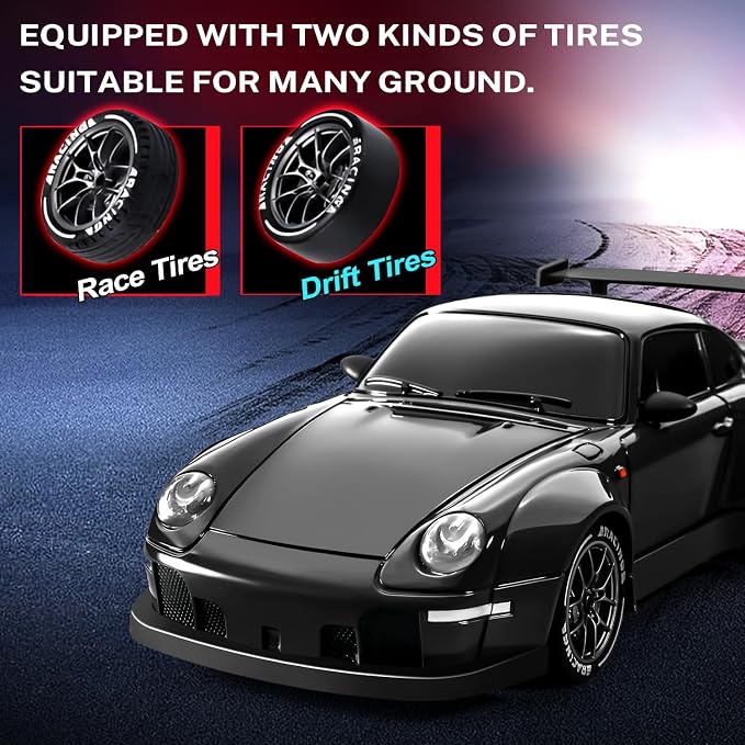 ACAMMZAR RC Drift Car, 1:24 Remote Control Car for Kids, 20KM/H 4WD High Speed RC Cars with Lights, Extra Racing Tires, Vehicle for Adults Boys Girls, Black