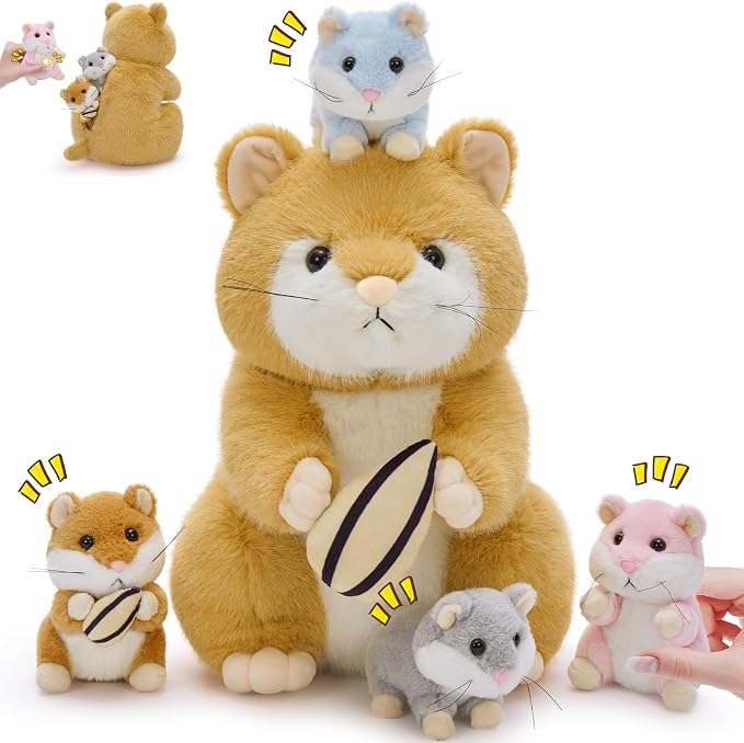 MorisMos Realistic Hamster Stuffed Animal with 4 Surprise Squeaky Babies - 13" Mama Plush Hamster Toy for Kids Girls Boys Birthday Christmas, Educational Family Role Play Gift for Birthday Christmas