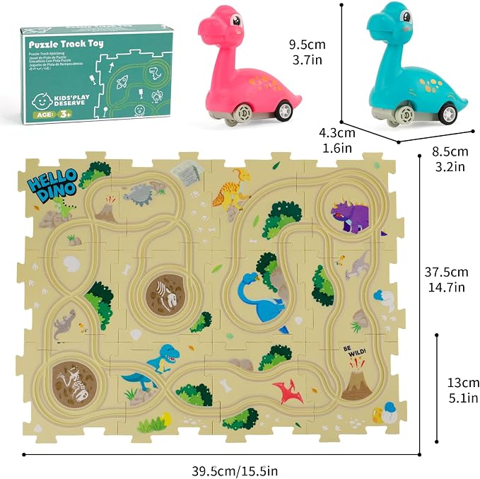YOOYID Puzzle Racer Kids Car Track Set with 2 Dino Cars, Kids Toys Boys 3-5, Toys for 3 4 5 6 Year Old Boys, Toys for Ages 3-4, Car Tracks for Toddlers, Montessori Toys for 3+ Year Old