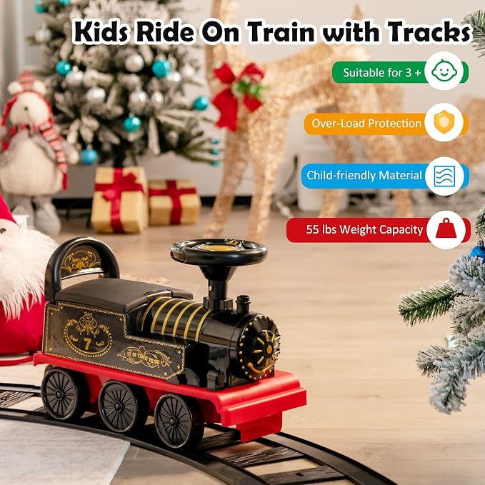 Costzon Ride on Toys, 6V Electric Ride on Train with Tracks, Storage Seat, Flashing Lights & Music, Backrest, Anti-tilt Device, Gift for Toddler Boys & Girls, Battery Powered Ride on Car (Black)