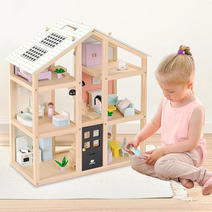 Pillowhale Wooden Dollhouse for Girls Age 3+ | 3-Story Doll House with 38 PCS Furniture, Movable Stairs & Adjustable Lights, Modern DIY Dollhouse Birthday Gift for Kids