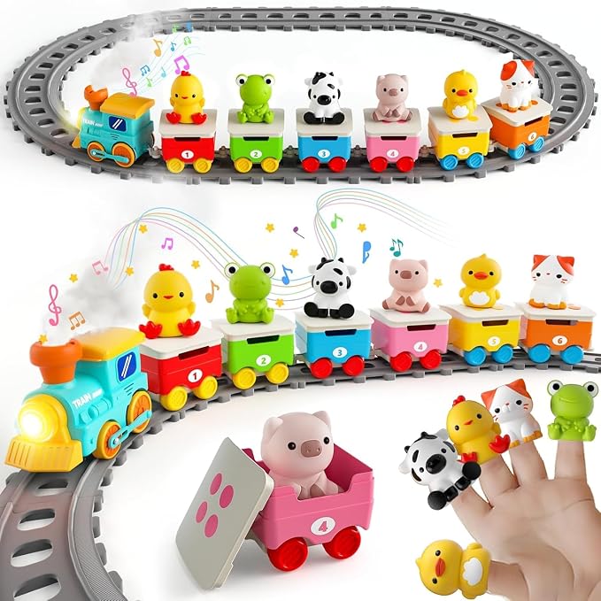 Farm Animal Train Toys for Toddlers 2-4, Kids Electric Train Set with Music, Steam & Lights, Montessori Learning Toys with Finger Puppets, Christmas Birthday Gifts for Boys Girls Age 18 Months+