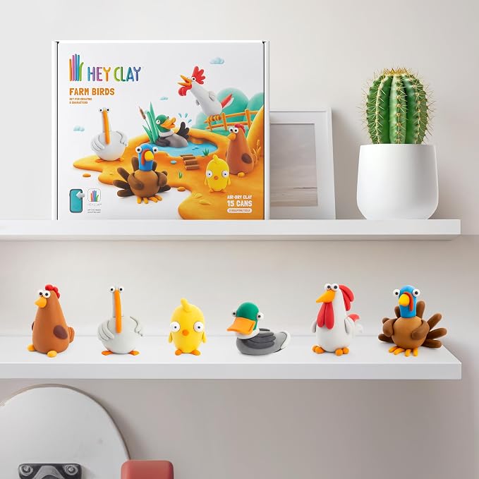 HEY CLAY Set - Colourful Modeling Air Dry Clay Kit for Kids 15 cans and Sculpting Tools with Fun Interactive Instructions App - Children 3+ (Farm Birds)