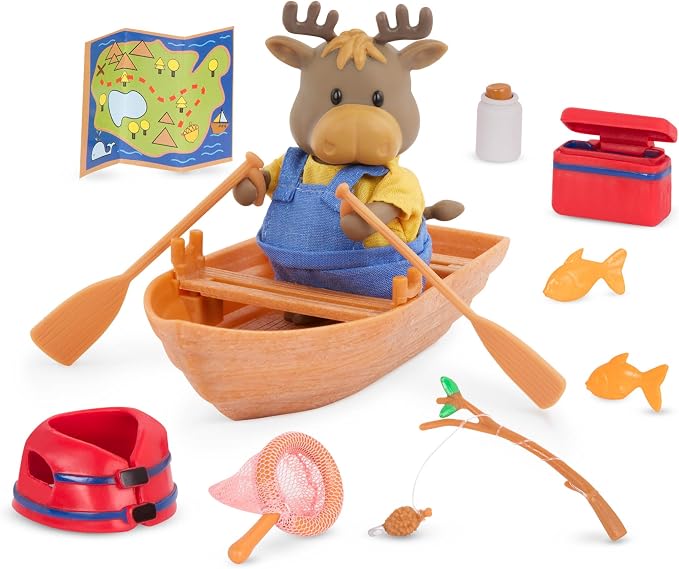 Li'l Woodzeez – 53 Pieces Happy Camper Playset with Moose Family, Detachable RV Trailer & Vehicle – Dollhouse Furniture & Accessories – Pretend Play Gift for 3+ Years Years