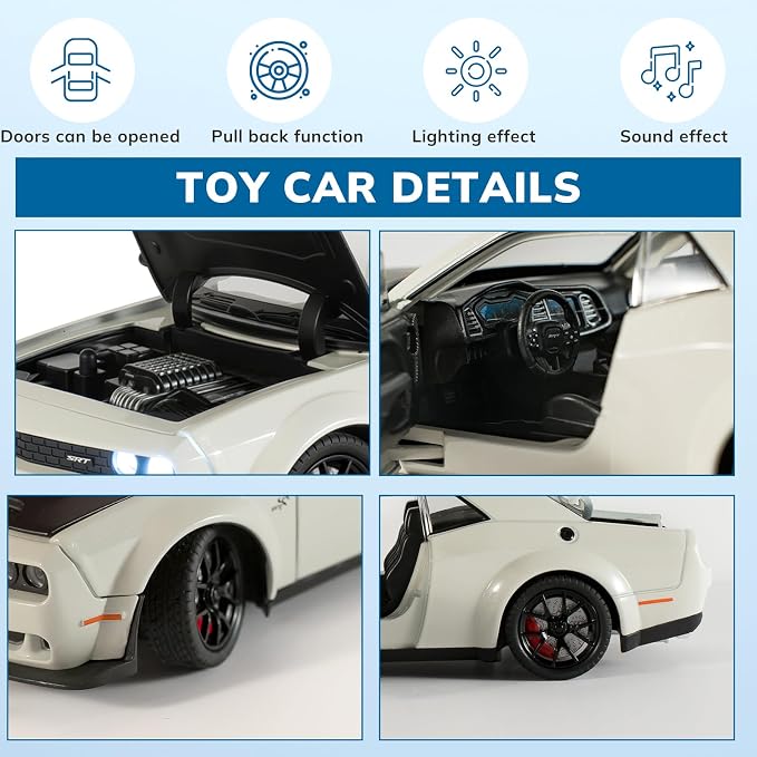 Car Toys for Boys 1/24 Diecast Cars Hellcat SRT Collectibles Model Kit,Pull Back Metal Toy Car with Lights and Sounds,Toy Cars for Boys Age 4-7(White)