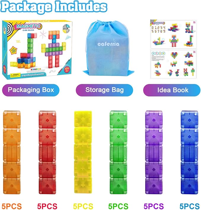 Caferria 1.4 inch Large Magnetic Blocks for Kids, 30pcs Magnet Building Blocks, Preschool STEM Sensory Montessori Stacking Cubes Educational Building Toys for 3 4 5 6 7 8 Year Old Boys Girls