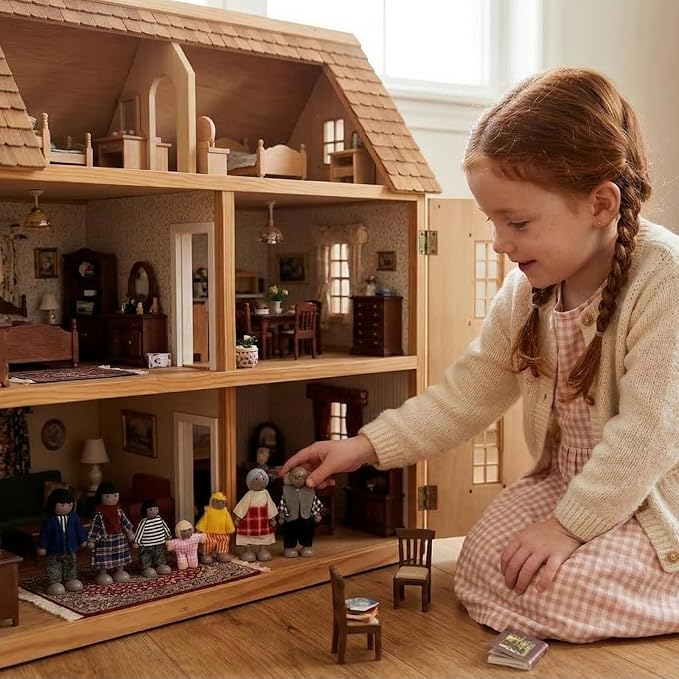7PCS Wooden Dollhouse Dolls for Playing House Gifts for Children, Wood, Articulated Pretend Play Figures, Smooth Splinter-Free Wood, Montessori Family Set - 4.5In (Unique)