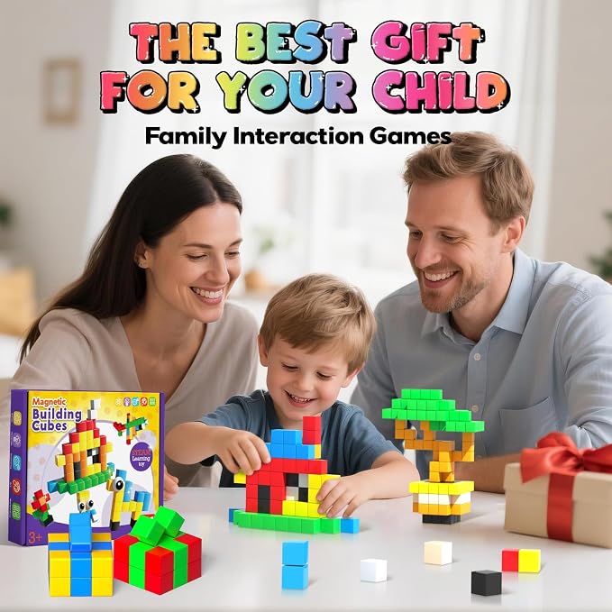 Goody King Large Magnetic Building Blocks with Toy Eyes, Montessori Sensory STEM Magnetic Cubes for Kids, 1''Travel Magnetic Blocks for Toddlers 3 4 5-8+ Year Old Boys Birthday Easter Girls(56PCS)