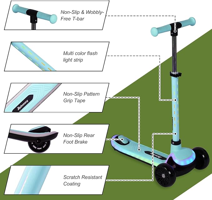 Rahmory Kids Scooter for Boys Girls Ages 3-8, 3 Wheel Light Up Toddler Kick Scooter with 20 Dynamic LED Modes, Foldable Adjustable Height, Extra Wide Deck, Lean to Steer Outdoor Toy Gift