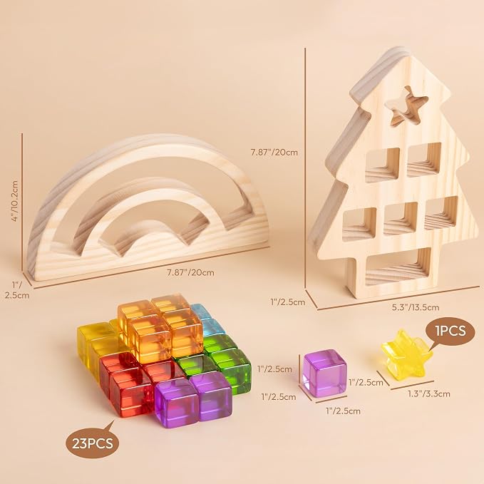 Woodtoe Wooden Building Blocks Set for Kids, Rainbow & Tree Wood Frame - 24 PCS Acrylic Gem Cubes Stacking Blocks, Montessori Stacking Toys, Educational Birthday Toys Gift for Toddlers 3-6