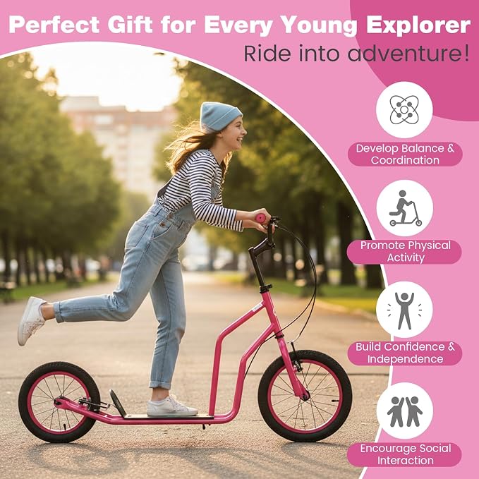 Costzon Big Wheels Kick Scooter for Kids 8+, Youth Scooter with Foldable & Height Adjustable Handlebar, Inflatable Shock Absorption Wheels, Dual Brakes for Teens, Adults, Max Load 220 LBS