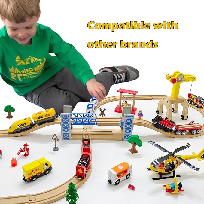 Battery Operated Police Train for Wooden Train Tracks with Figures Kids Magnetic Wooden Trains Set for Toddlers Boys 3-5 4-8 (Without Battery and Tracks) (Yellow)