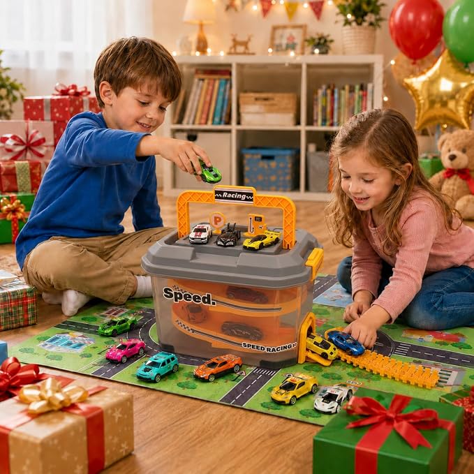 Toy Car Track Storage Playset - Toddler Toys 3-4, Car Toys Race Set with 12 Diecast Cars, City Play Mat, Race Ramp, Portable Storage Bucket - Birthday Gift Toys for 3 4 5 Year Old Kids Boys