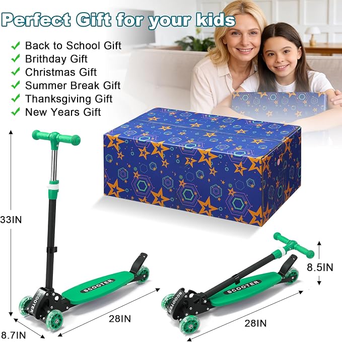3 Wheel Kids Kick Scooter for Ages 3-12, Lean-to-Steer, Light-Up Wheels, 3-Level Adjustable Handlebar 27.5”-33”, Wide Non-Slip Deck, Dual Rear Brake,Travel Foldable, for Boys & Girls Toy Gifts