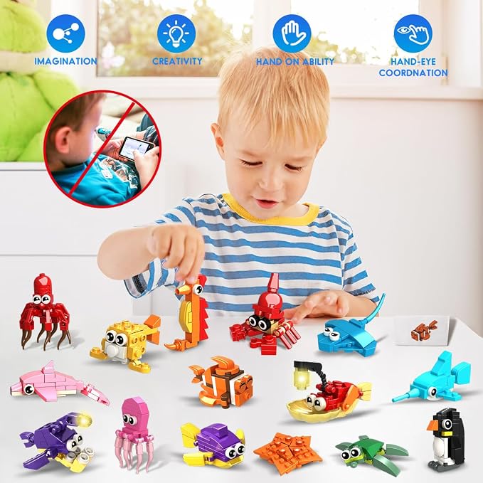 HOGOKIDS 24 Pack Party Favors for Kids Building Set - 629PCS Mini Marine Animals Blocks Toy for Easter Valentines Day Goodie Bag Stuffers Classroom Prizes Gifts fo Kids Boy Girl Student Ages 6-12