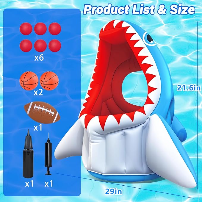 Shark Pool Toys, 3-in-1 Inflatable Pool Floats Basketball & Football & Head Hoop Swimming Pool Games, Summer Outdoor Water Games Beach Family Party Gift for Kids Boys Girls