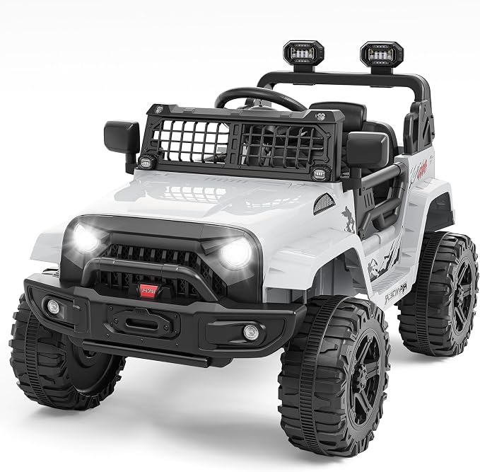 Hetoy 12V Ride on Toys with Parent Remote Control Toddler Electric Vehicle with Spring Suspension, LED Lights, Bluetooth, Music Player, 3 Speeds Ride on Car Truck for Kids Age 3-8 (White)