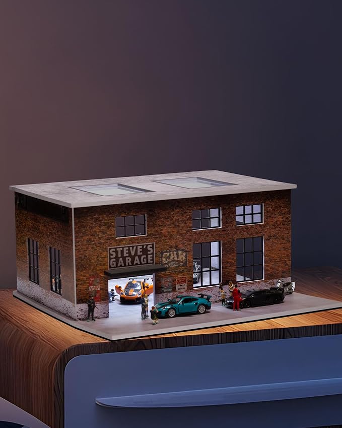 1/64 Scale Display Case Car Garage Model, Factory Building Cover Diecast Diorama Box Decorative Miniature Scene with LED Light for Toy Car Display and Storage