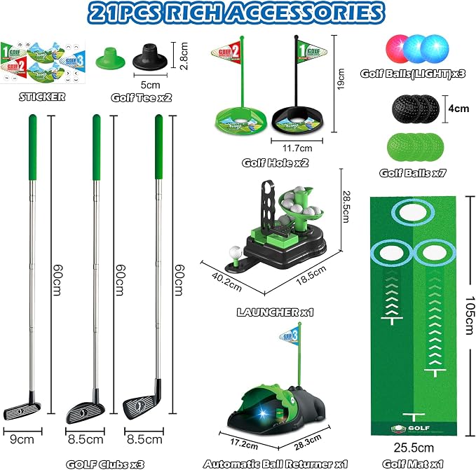 TERRAMUS Upgraded Kids Toy Golf Set, 3 in 1 Golf Toys with Dinosaur Automatic Ball Returner & Ball Launcher Led Light Up Balls, Mini Golf Toy for Ages 3-8, Indoor Outdoor Sports Gift for Boys Girls
