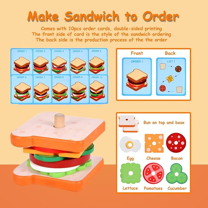 Pajojoqa Wooden Sandwich Stacking Toys, Montessori Toys for Toddlers Kitchen Play Food Educational Preschool Learning Toys Christmas Birthday Gift Kids Toys for Boys Girls 3 4 5 Years Old (Sandwich)