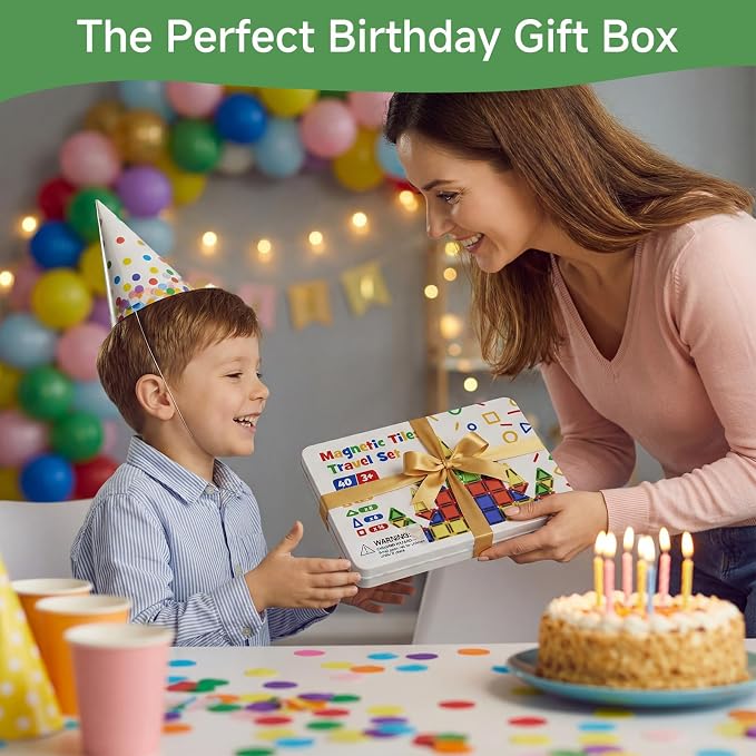 Mini Magnetic Tiles for Kids Travel: 40 PCS Cartoon Tin Box Magnet Building Blocks to Stop Crying - 60 Mins Quiet Play 30s Cleanup - Birthday Gift Boys Girls Age 3-8