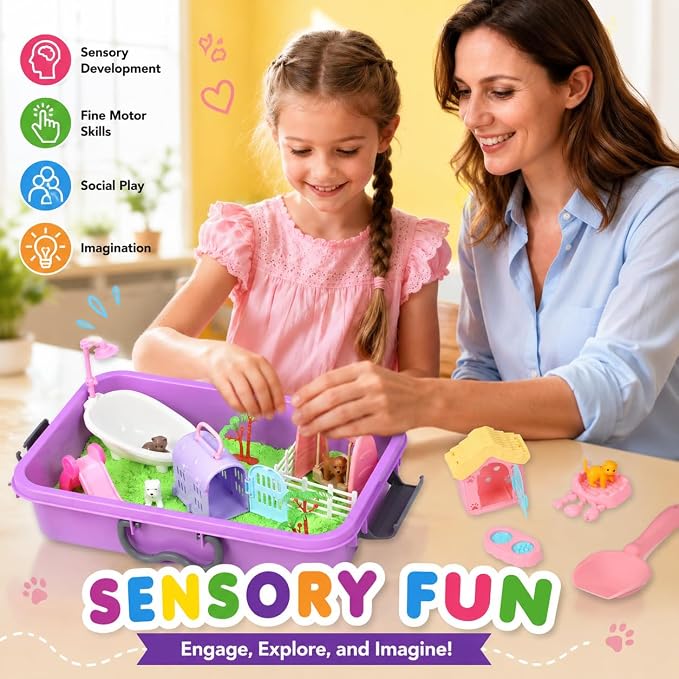 Carolart Pet Sensory bin,Dog and Cat Sandbox for Kids,Kids Play Sand Kit,Pet Play Set with Sensory Sand,Pet Care Play Set,Role Pretend Play Beach Toy Birthday Gift for Girls Boys 3 4 5 6 Years Old
