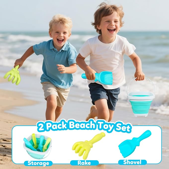 GKDOMS Kids Beach Toys Set with Collapsible Bucket, Sand Rake and Shovel, Turquoise and Orange, Ages 2-6, 2pack Travel Toys (Two Mix)
