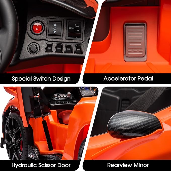Kids Ride-on Car Licensed McLaren765LT for 3-6Years Old, Electric car 12V Battery Powered Electric Vehicle, w/Parent Remote, Music Player, LED Lights, Smooth Start, 3 Speeds, (Orange)