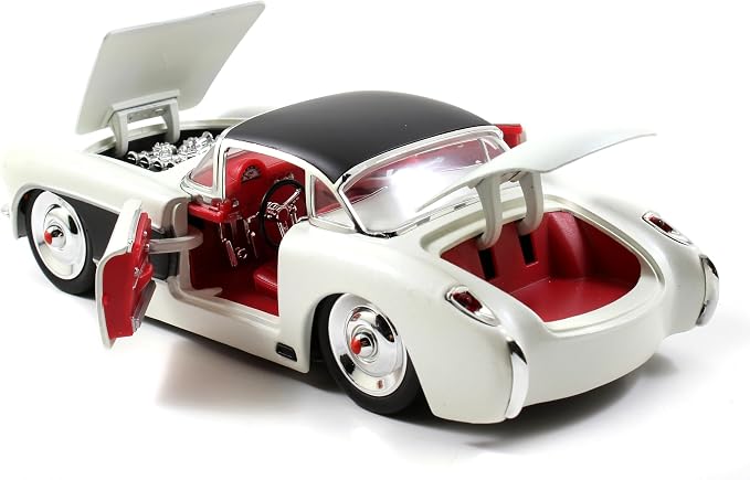 Jada Toys Bigtime Muscle 1:24 1957 Chevy Corvette Die-cast Car – Opening Doors, Hood, Trunk, Rubber Tires(White/Black)