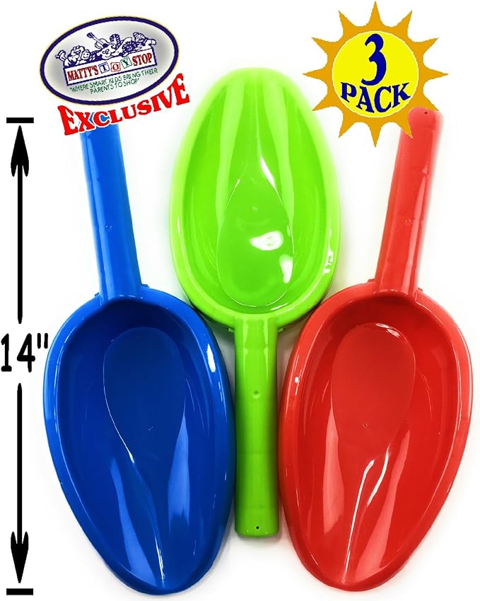 Matty's Toy Stop Kids Sand Shovels for Beach & Sandbox – 3 Pack 14" Long Handle Plastic Sand Scoops, Red Blue Green, Outdoor Beach Toys for Boys & Girls