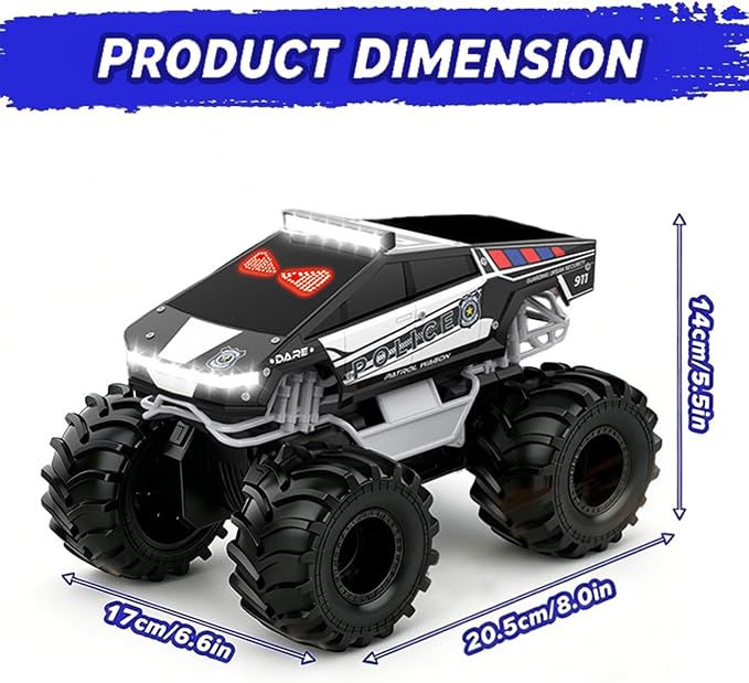 Qrytoi Police Remote Control Car with LED Light Eyes, Waterproof Amphibious Monster RC Car, 2.4GHz 4WD All-Terrain Cyber Truck Toy, Birthday Gift for Kids Ages 6-12