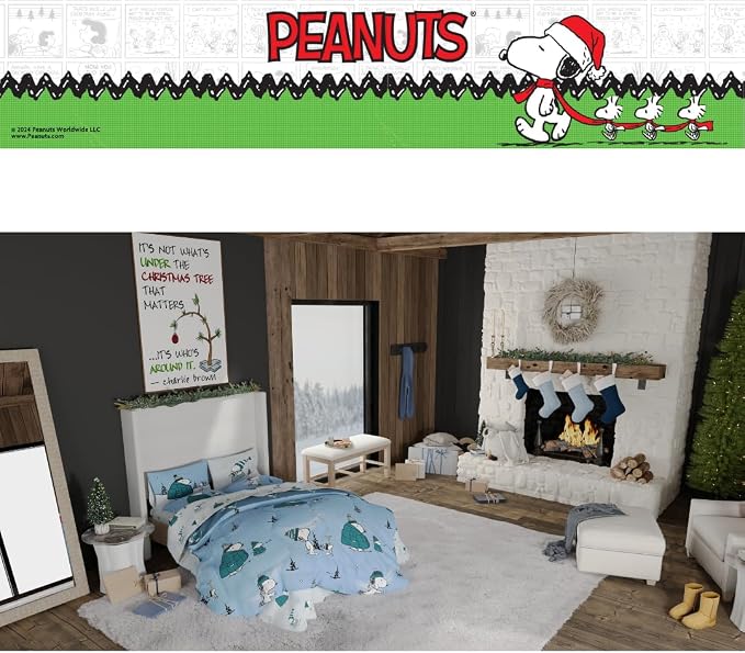Collectibles Peanuts Snoopy Puffer Holiday & Christmas Bedding Super Soft Comforter and Sheet Set with Sham, 7 Piece Queen Size (Officially Licensed Product) By Franco