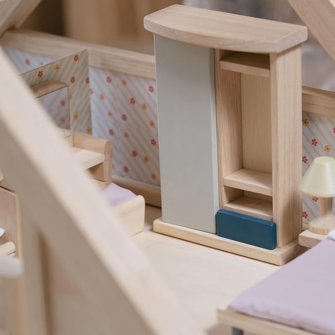 PlanToys® Wooden Bedroom Dollhouse Furniture Set in Orchard Shade for Kids | Montessori Small World and Home Routine Play | Eco Friendly Wooden Dollhouse Bedroom Set for Imaginative Play