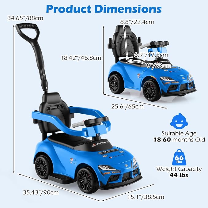 Licensed Toyota Ride on Push Car for Toddlers by INFANS, 3 in 1 Walking Sliding Toy with Removable Guardrails and Handle, Music, Under Seat Storage for Kid (Blue)