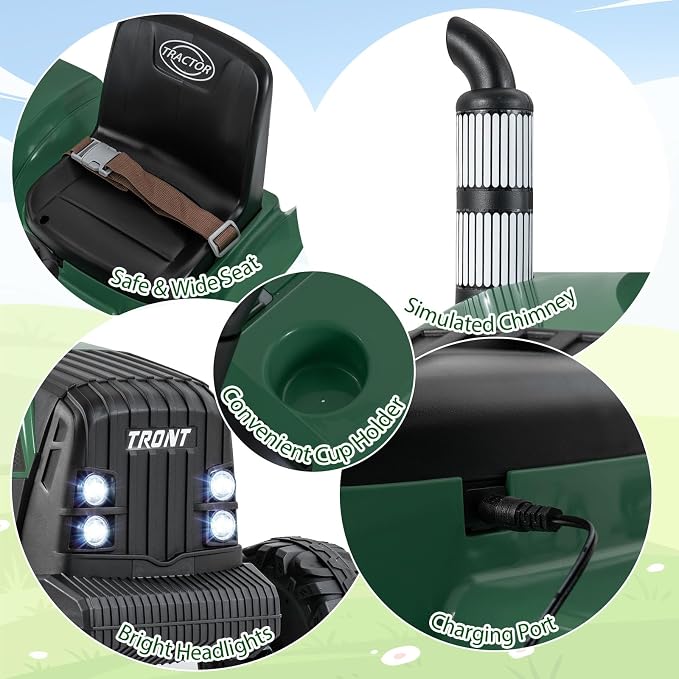 Costzon 24V Ride on Tractor with Detachable Trailer, Kids' Electric Vehicles with 3 Speeds, 15° Climbing, Wireless Design, Horn & Music, Remote Control Tractor Toy for Kids 3+,Gift (24V, Deep Green)