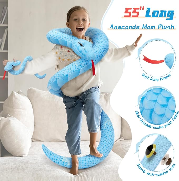 MorisMos Giant Snake Stuffed Animals Mommy with Babies & Eggs,55" Mama Stuffed Snake Toy for Kid Girl Boy,Realistic Blue Anaconda Toy,Colorful Baby Python Toys for Halloween Decor/Jungle-Themed Party