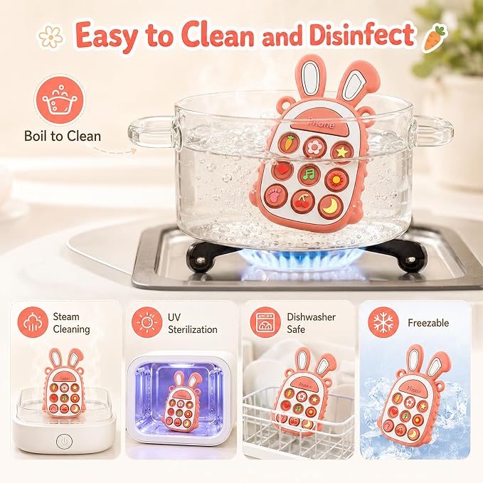 Press Phone Teether for Baby Girls, Soft Silicone Teething Toy, Sensory Toy | Teething Relief, BPA-free, Freezer, for Baby 3 Months+, Cute Rabbit Design with Textures and 9 Patterns, Press & Pop for Fun!