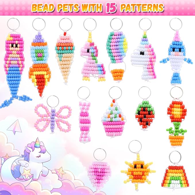 Funtopia Pony Beads Kit for Keychain Making, mini Pony Bead Pets for Kids Beginners,Includes Instructions for 15 Cute Designs and Storage Box, Kids Craft Kit for Rainy Day Group and Family Activities