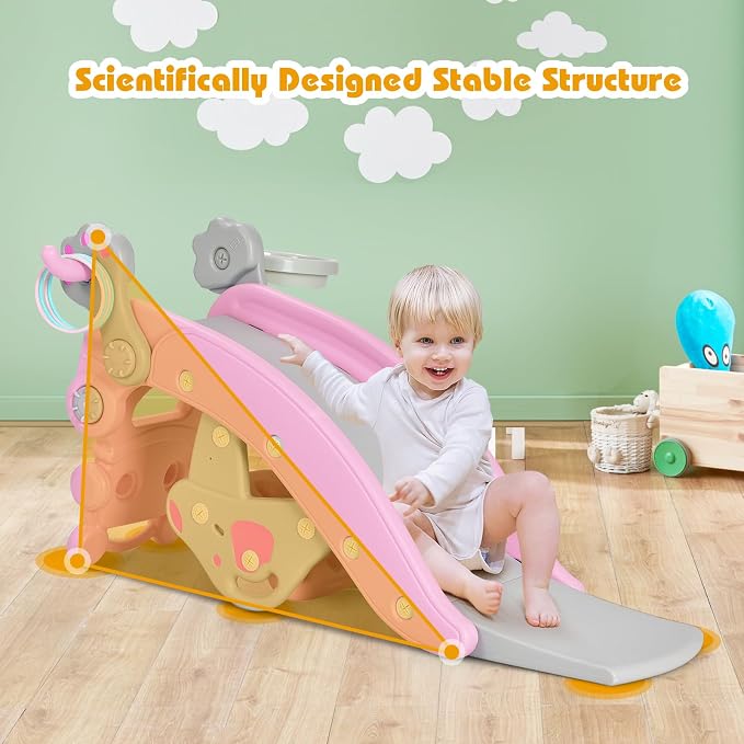Costzon 5 in 1 Toddler Slide Rocking Toy, Slide for Kids with Detachable Stool, Basketball Hoop and Ring Game, Foldable Climber Playground Slide for Both Indoors Outdoor Use (Pink Penguin)