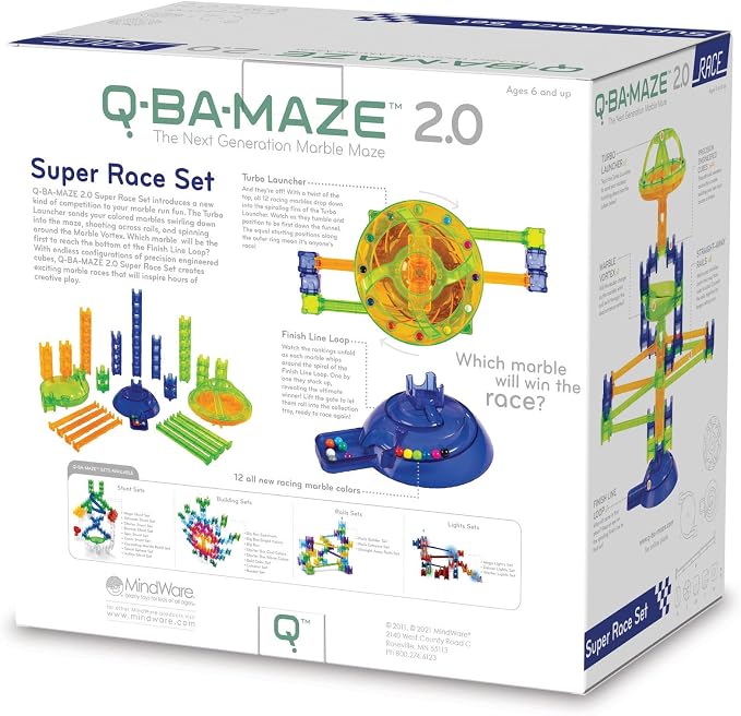 MindWare Q-BA-Maze 2.0 Super Race Set, STEM Marble Run Building Kit with Turbo Launcher and Racing Tracks, Creative Engineering Toy for Kids Ages 6+, Logic and Construction Gift