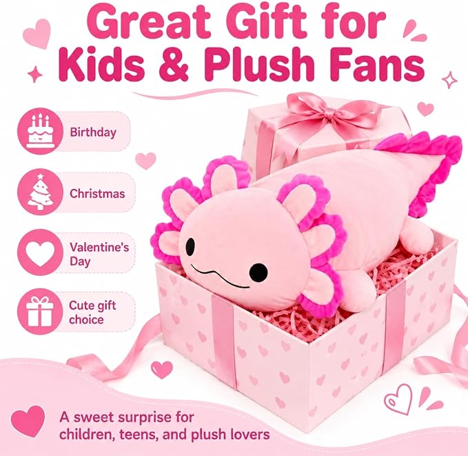 BENINY 39-Inch Giant Axolotl Plush Pillow, Hot Pink Large Stuffed Animal, Extra Soft Huggable Cuddly Toy Gift for Kids Girls Boys, Birthday Christmas Room Decor