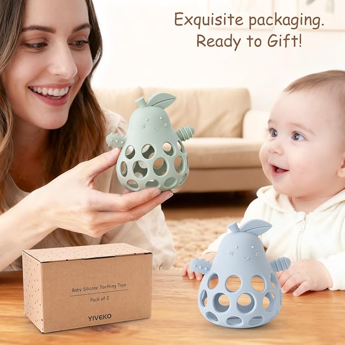 Baby Teething Toy Silicone Teether for Infants, Pear-Shaped Design with Easy-Grip Hole and Nipple-Shaped Ends for Gum Massage & Sensory Development, BPA-Free Safe Baby Chew Toy YIVEKO-Ivory+Blush