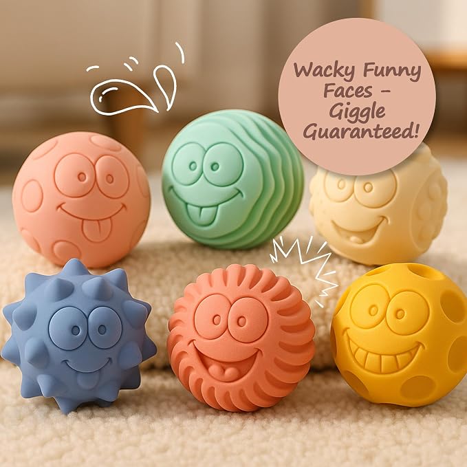 Sensory Balls for Baby, 6PCS Soft Textured Balls for 6-12M | Smiling Faces, Colorful Infant Ball Toys, Tummy Time, Learning & Travel, Montessori Gift for Baby Boys & Girls
